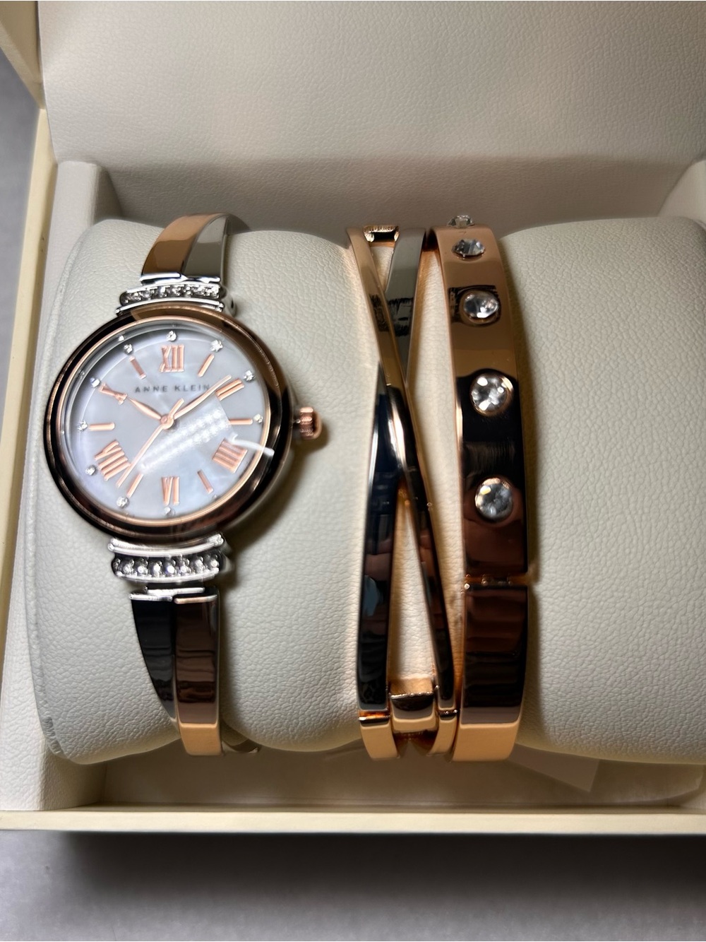 NIB Anne Klein Rose Gold & Silver Crystal Bangle Watch Set AK/2245RTST